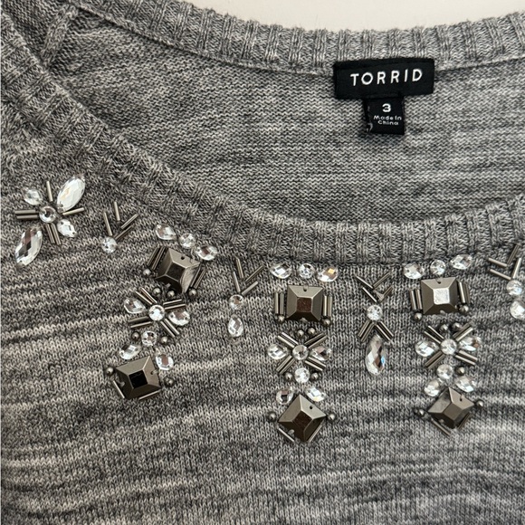 Torrid Womens 3X Gray Marled Sweater Embellished Neckline Cotton Blend Top - Picture 2 of 7